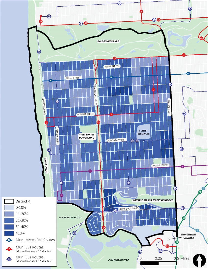 A map of District 4. The senior population density is shown in blue, with denser areas indicated with darker blue and less dense areas indicated with lighter blue. Dark areas are evenly spread across the District, with the largest area in the southwest corner. Darker areas are spread fairly evenly across the District, with a higher concentration in the area around Sunset Reservoir.