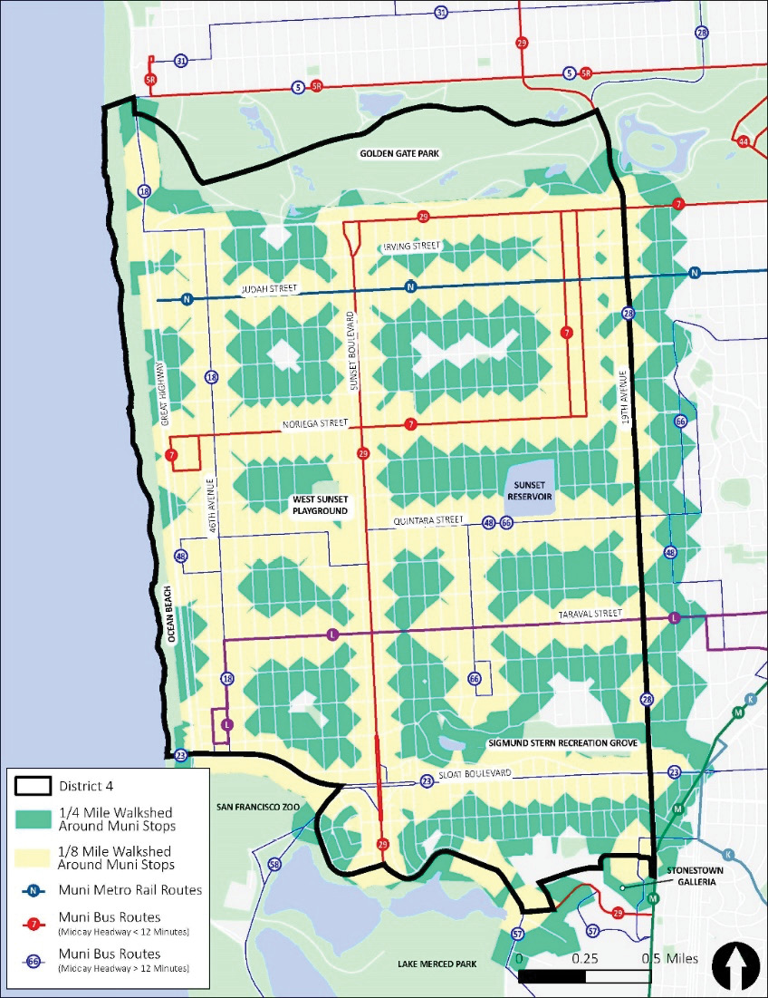 A map of District 4 and the local transit network, showing the same information as Figure 2-1. In addition, the ¼ Mile Walkshed Around Muni Stops is shown in green, and the ⅛ Mile Walkshed Around Muni Stops is shown in yellow.