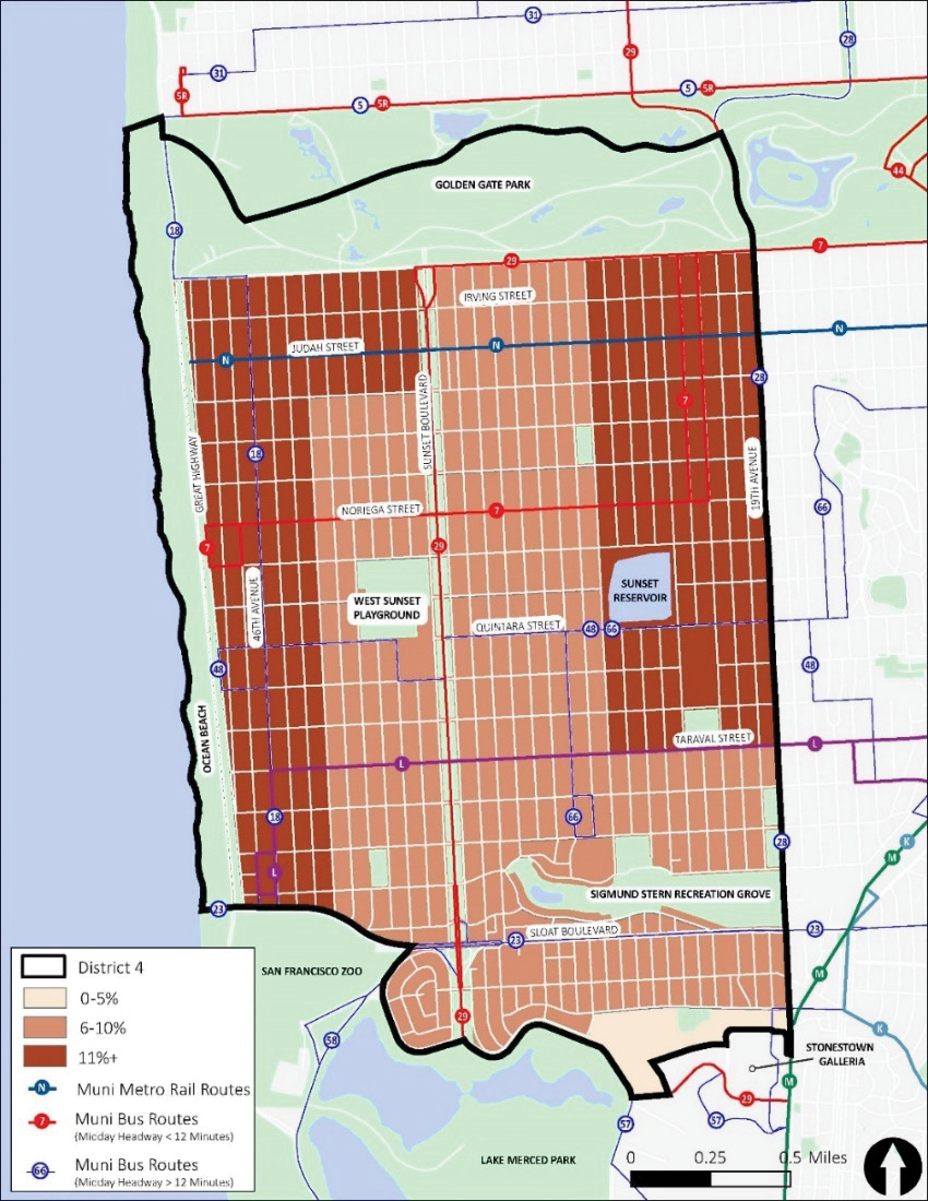 A map of District 4. Population density of people with disabilities is shown in red, with more density indicated with darker red and less density indicated with lighter red. The darker-red areas are along the western and eastern edges of the District.