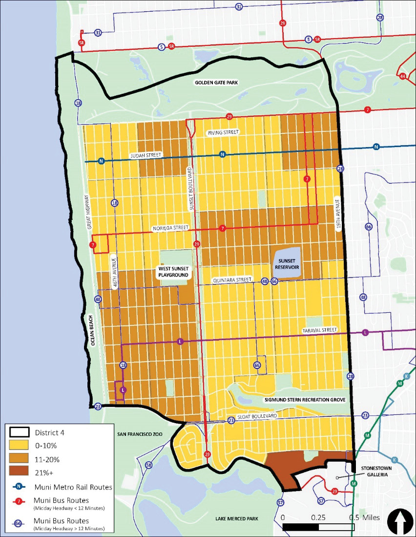 A map of District 4. Areas with more households with zero vehicles are shown in dark red, while areas with fewer households with zero vehicles are shown in light yellow. The majority of the district is yellow with some orange scattered across the district, and a dark red area just north of Stonestown.