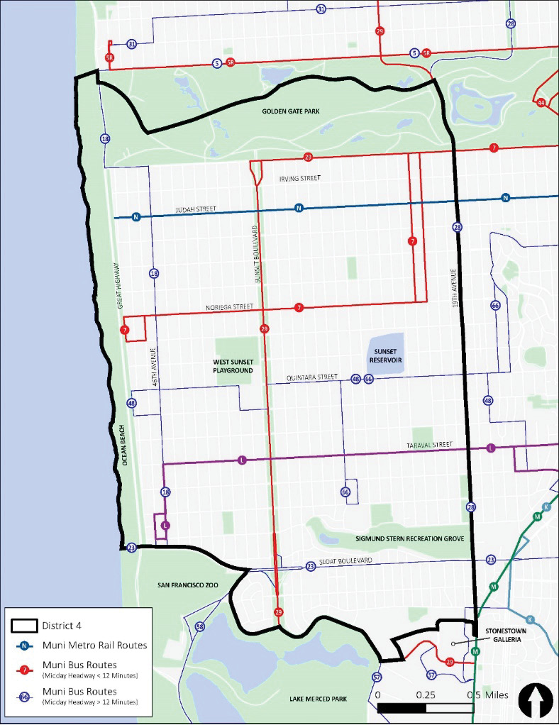 A map of District 4 and the local transit network. The District 4 boundary is indicated with a heavy black line, Muni Metro Rail Routes are indicated with blue lines, Muni Bus Routes (Midday Headway <12 Minutes) are indicated with red lines, and Muni Bus Routes (Midday Headway >12 Minutes) are indicated with thin purple lines. (This is the same map as Figure 2-1.)