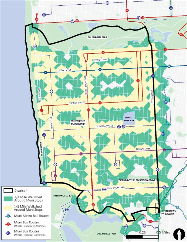 A map of District 4 and the local transit network. In addition, the ¼ Mile Walkshed Around Muni Stops is shown in green, and the ⅛ Mile Walkshed Around Muni Stops is shown in yellow. (This is the same map as Figure 4-1.)