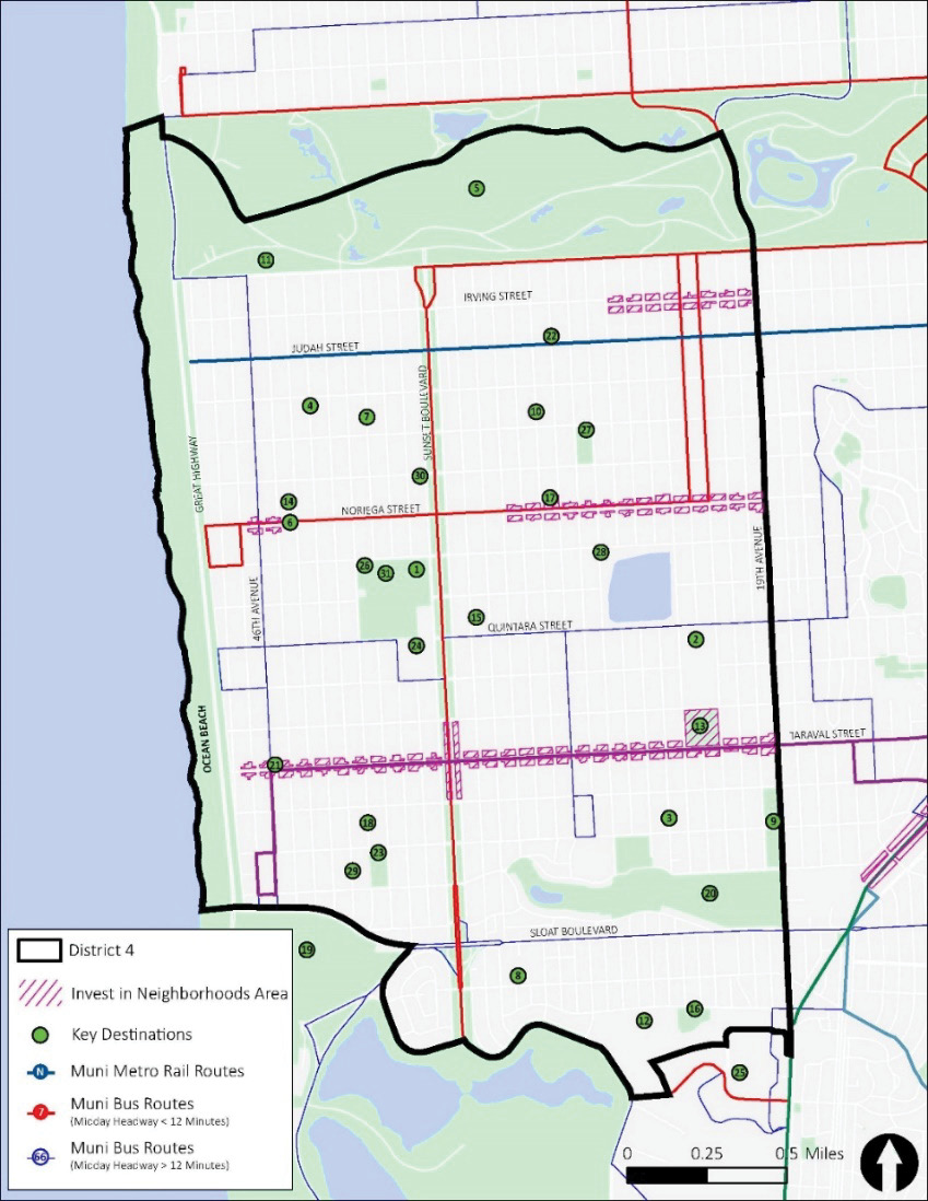 A map of District 4 and the local transit network. In addition, Key Destinations are indicated with green dots, and Invest in Neighborhoods Areas are indicated with magenta hatch lines.