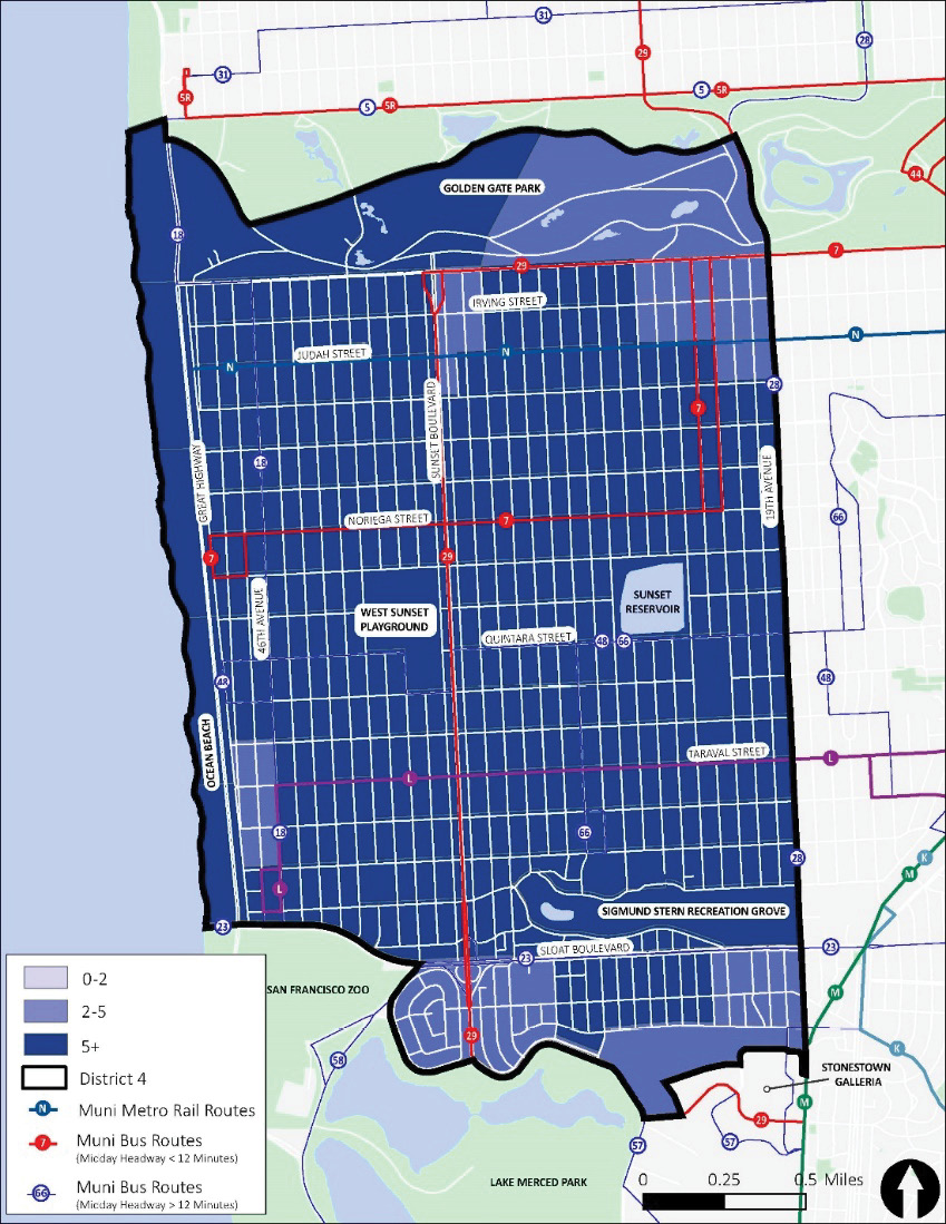 A map of District 4. The ratio between transit travel times and private auto travel for morning trips is shown in blue, with lighter blue indicating lower ratios and darker blue indicating higher ratios. For the majority of the district, private auto travel is 5 times faster than transit.