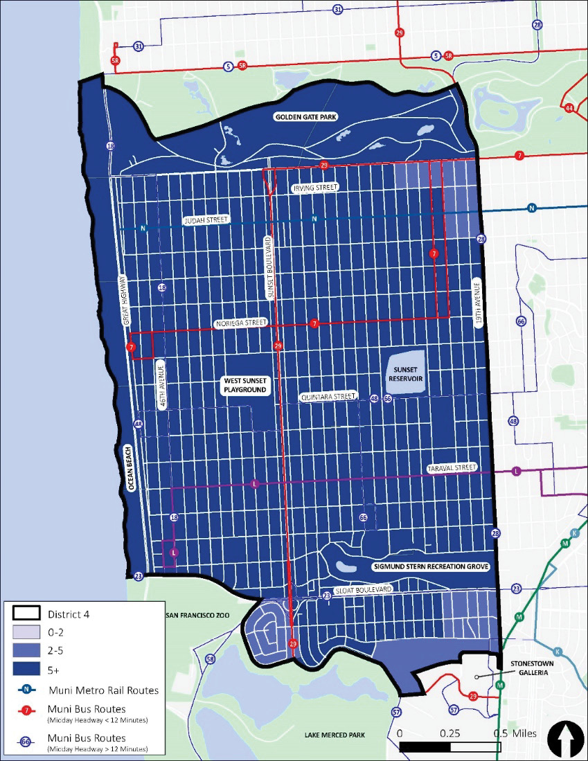A map of District 4. The ratio between transit travel times and private auto travel for midday trips is shown in blue, with lighter blue indicating lower ratios and darker blue indicating higher ratios. For the majority of the district, private auto travel is 5 times faster than transit.