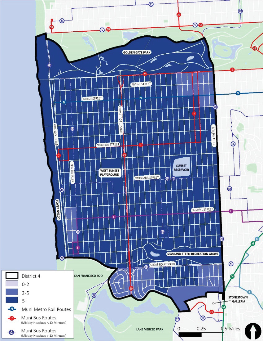 A map of District 4. The ratio between transit travel times and private auto travel for evening trips is shown in blue, with lighter blue indicating lower ratios and darker blue indicating higher ratios. For the majority of the district, private auto travel is 5 times faster than transit.