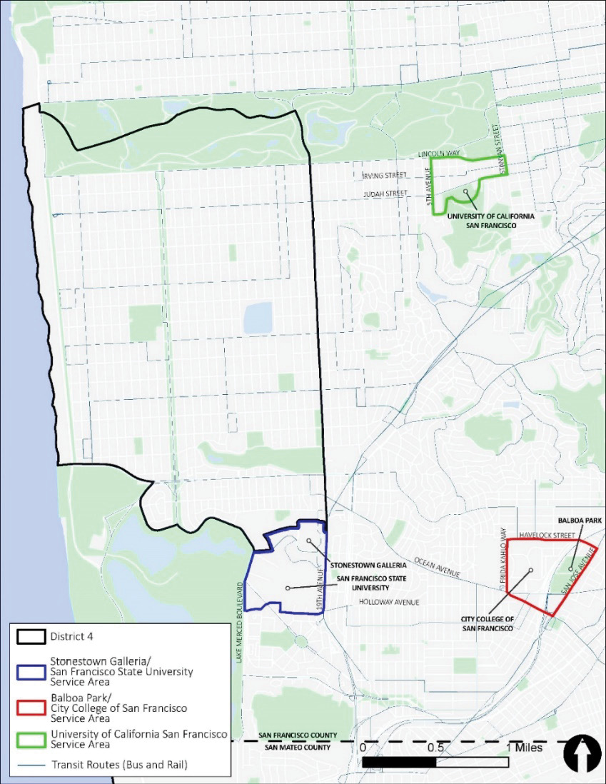 A map of the adjacent District 7, highlighting three zones of high frequency of trips between District 4 and District 7: Stonestown Galleria / San Francisco State University (shown in blue), Balboa Park / City College of San Francisco (shown in red), and the University of California San Francisco (shown in green).