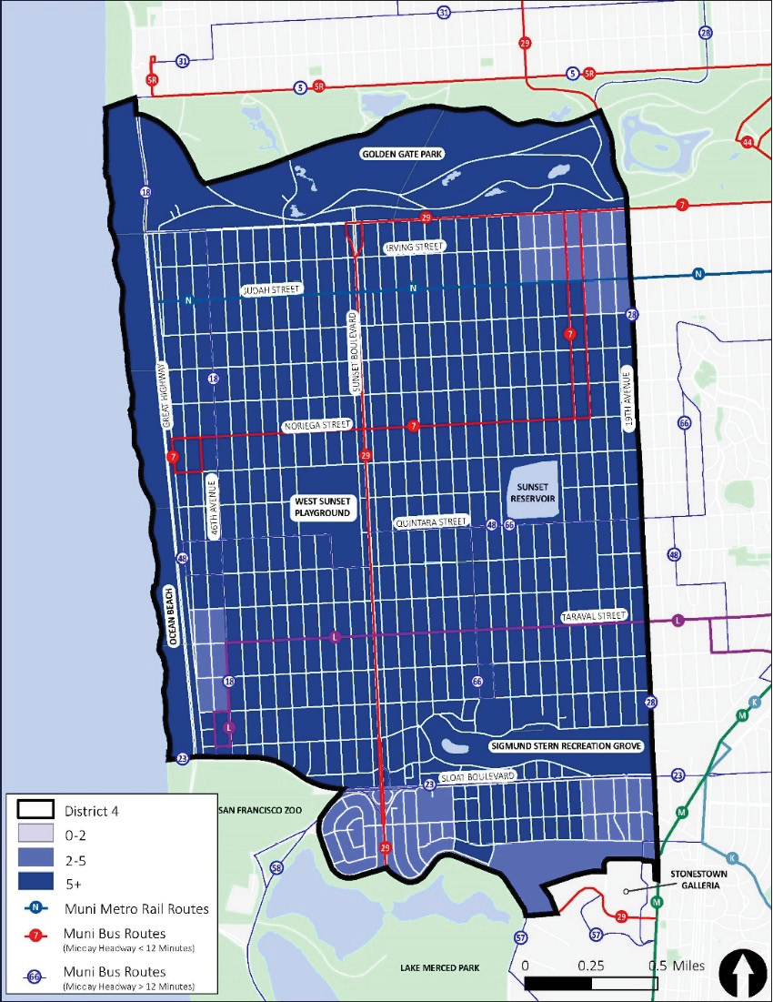 A map of District 4, showing the same information as Figure 2-1. In addition, the ratio between transit travel times and private auto travel for all local trips is shown in blue, with lighter blue indicating lower ratios and darker blue indicating higher ratios. For the majority of the district, private auto travel is 5 times faster than transit.