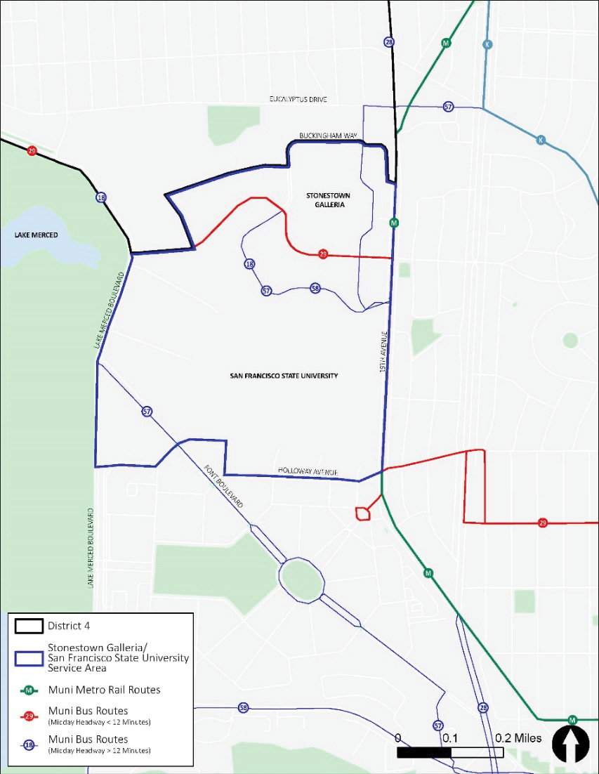 A closeup map of the Stonestown / San Francisco State University service area, bounded on the north by Buckingham Way, on the east by 19th Avenue, on the south by Holloway Avenue, and on the west by lake Merced Boulevard.