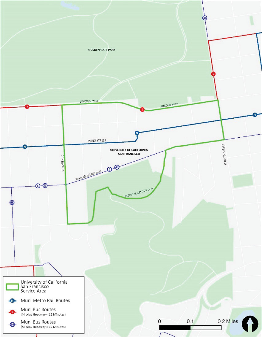 A closeup map of the University of California San Francisco service area, bounded on the north by Lincoln Way, on the east by Stanyan Street, on the south by Parnassus Avenue & Medical Center Way, and on the west by 5th Avenue.