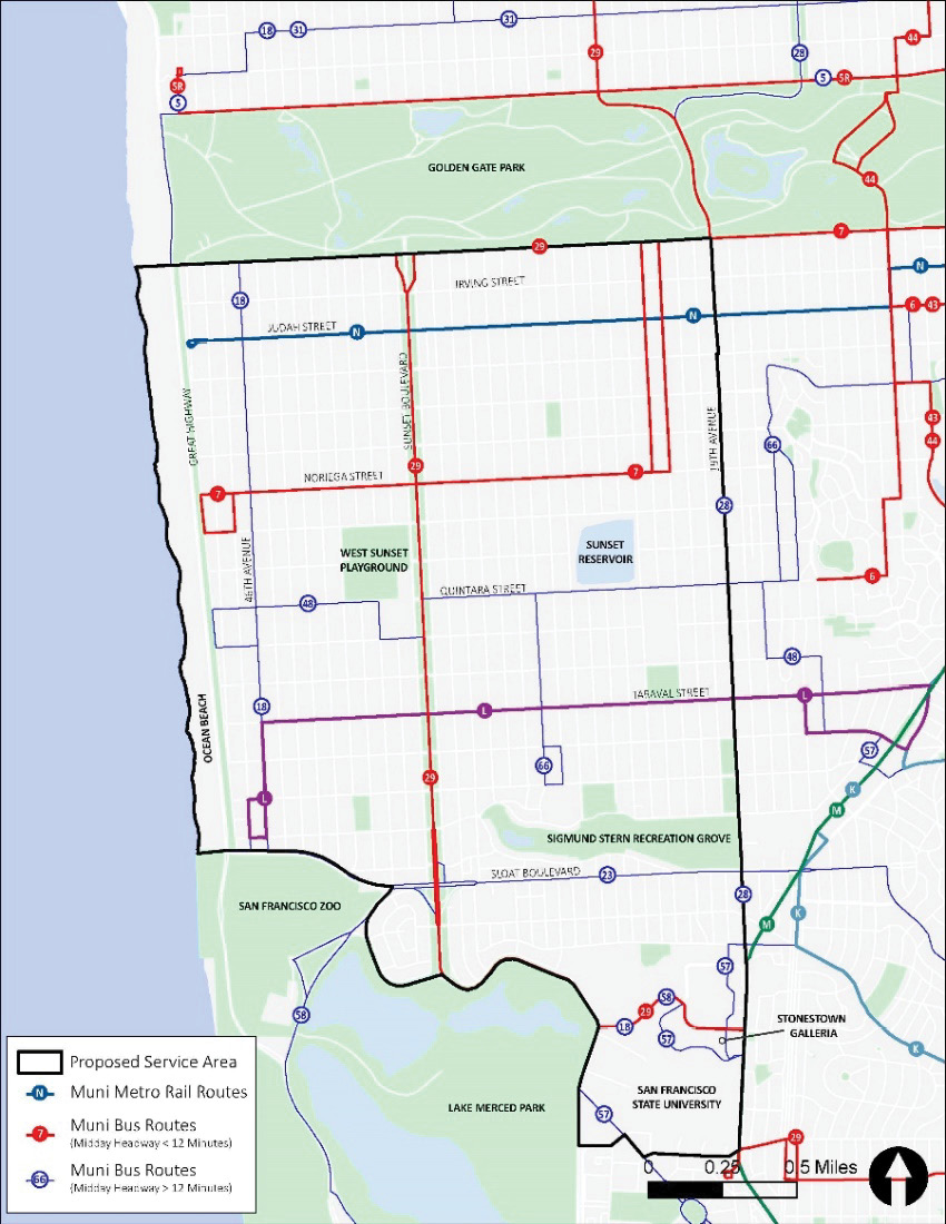 A map of District 4, showing the Proposed Service Area for the shuttle, which is similar to the District 4 boundary, except that it excludes Golden Gate Park in the north and includes Stonestown and SF State in the south. (This is the same map as Figure 6-2.)