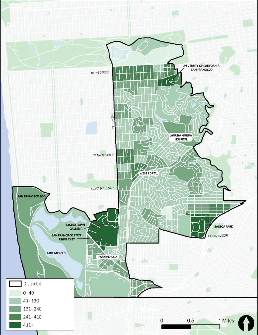 A map of the adjacent District 7. Areas of District 7 with more trips from District 4 are shown in darker green, while areas of District 7 with fewer trips from District 4 are shown in lighter green. The darkest areas are around UCSF, SF State, City College, and Stonestown.