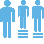 Icon of three people of differing heights standing on platforms that raise them each up to the same height