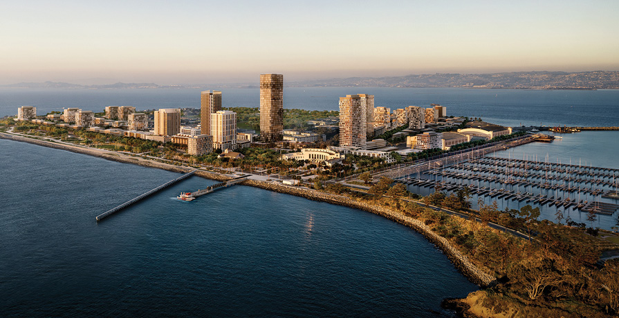 Rendering of Treasure Island after it's been fully built out, showing housing and office buildings. There is a ferry pulling up to a dock in the foreground.