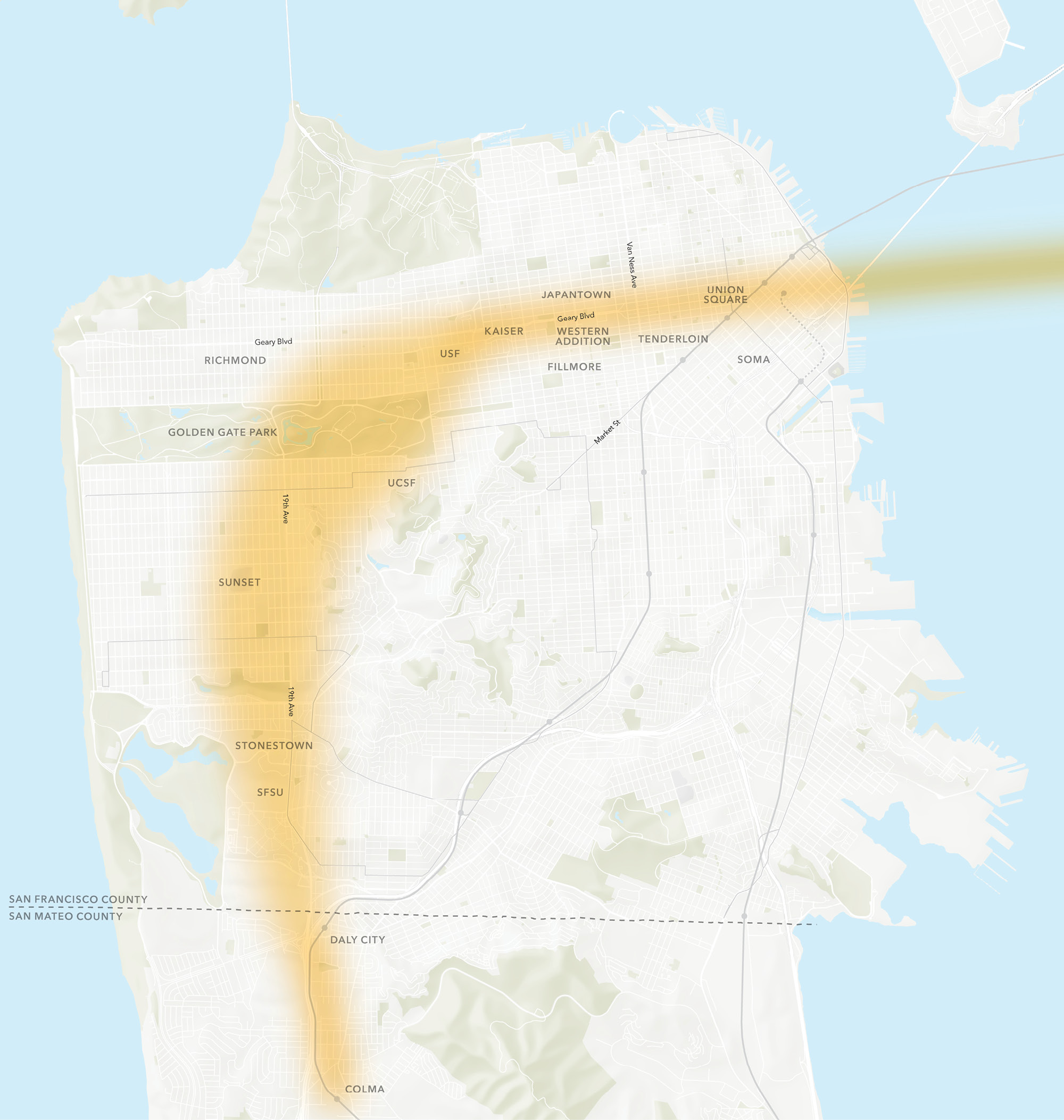 A map of San Francisco, with the approximate rail route (along Geary in the east, curving south around Golden Gate Park) area highlighted in yellow.