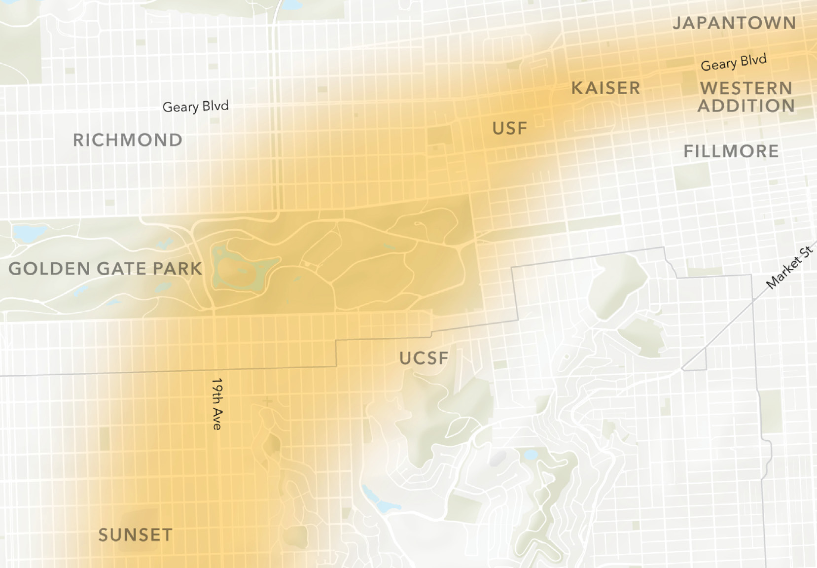 A section of a map of San Francisco with a yellow shaded area showing the potential rail route through several neighborhoods and key destinations including the Sunset, UCSF, Richmond, USF, Kaiser, Japantown, Western Addition, and the Fillmore.