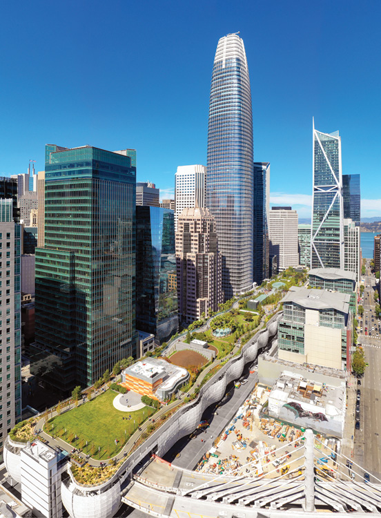 Salesforce Transit Center and its surrounding buildings, seen from above and from the south.