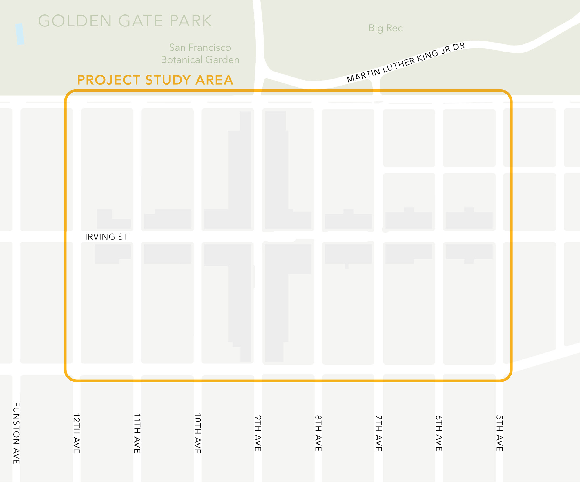 A map showing the study area for the project, bounded by Lincoln Way on the north, 5th Avenue on the east, Judah Street on the south, and 12th Avenue on the west. Golden Gate Park is shown north of Lincoln Way beyond the north end of the study area. The map shows Muni routes in the study area, including the N Judah Muni Metro on Irving, 9th, and Judah, the 44 O’Shaughnessy on 9th Avenue, and the 6 Hayes/Parnassus and 43 Masonic on 9th Avenue and Judah/Parnassus. Bicycle facilities are also shown, with Class I bicycle connections within Golden Gate Park, Class II bike lanes on 7th Avenue south of Judah Street, 6th Avenue south from Hugo, and on Juday STreet from 7th Avenue to 5th Avenue. Class III bicycle routes are shown on 7th Avenue between Judah Street and Lincoln Way, on Hugo between 6th Avenue and 3rd Avenue, and on 5th and 3rd avenues between Hugo and Lincoln Way.