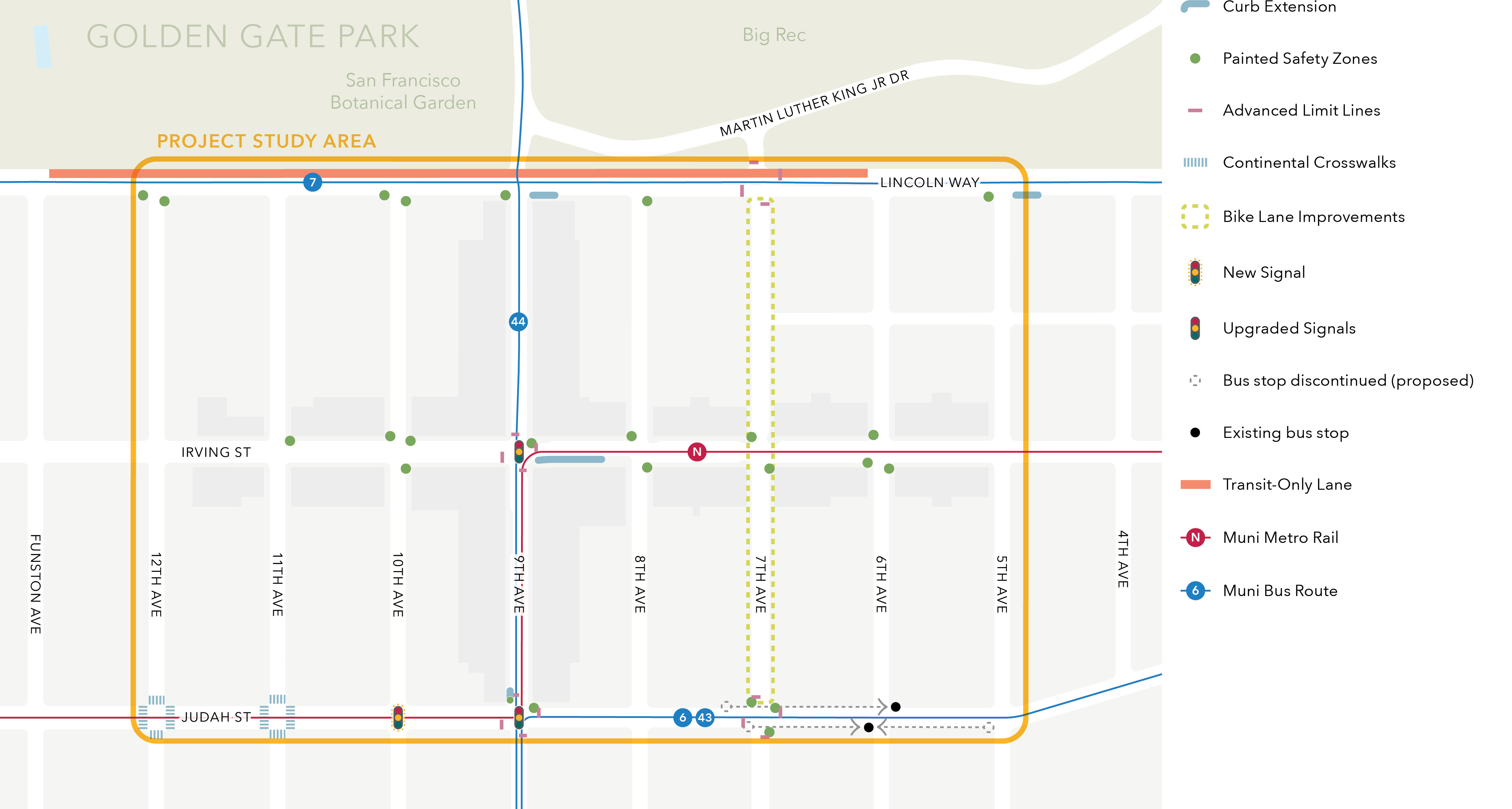 A map showing the full set of recommendations for the study, overlaid on a map of the study area for the project including transit lines.
