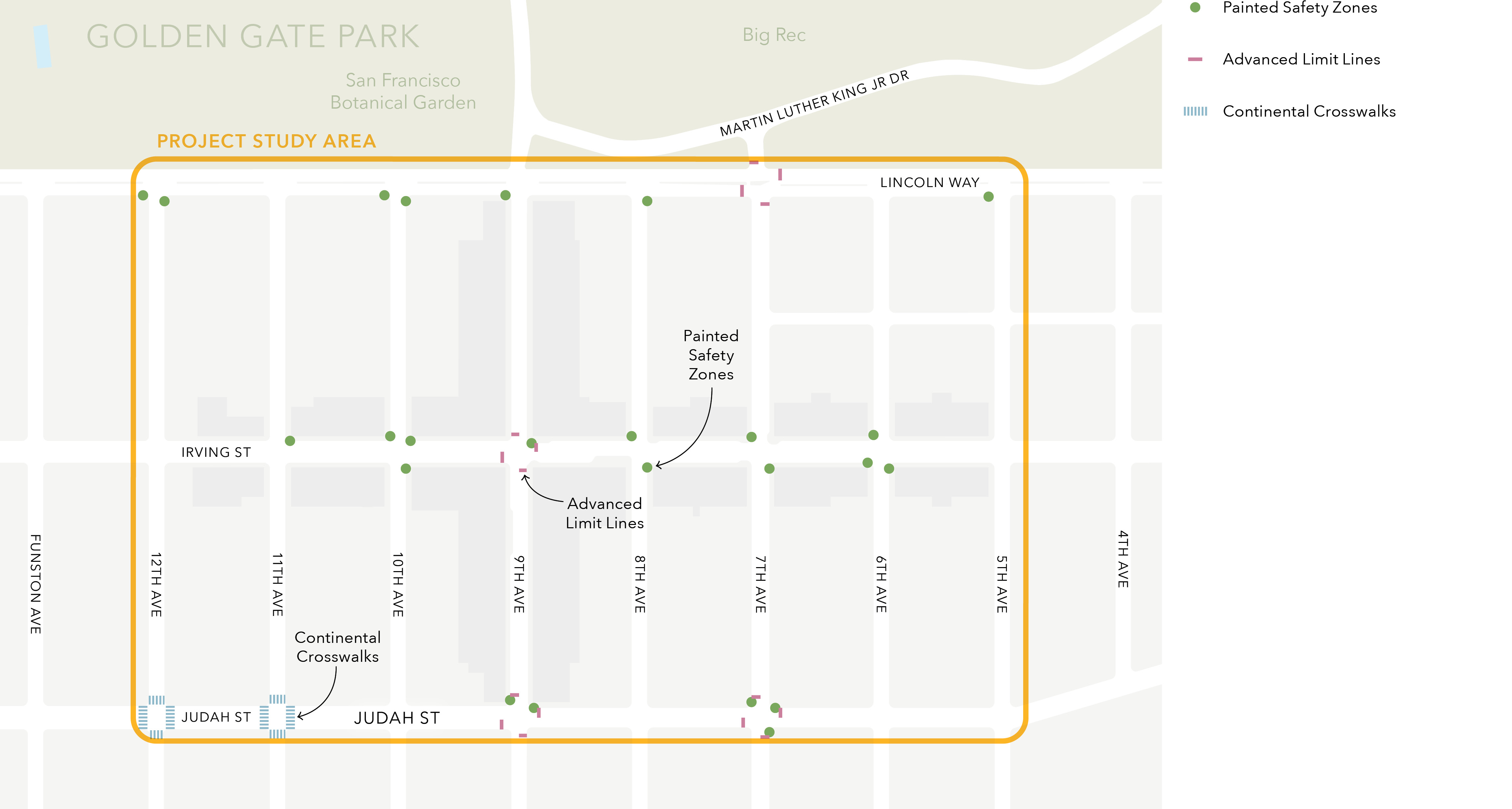 A map showing the proposed locations of continental crosswalks, advanced limit lines, and painted safety zones overlaid on a map of the study area for the project.