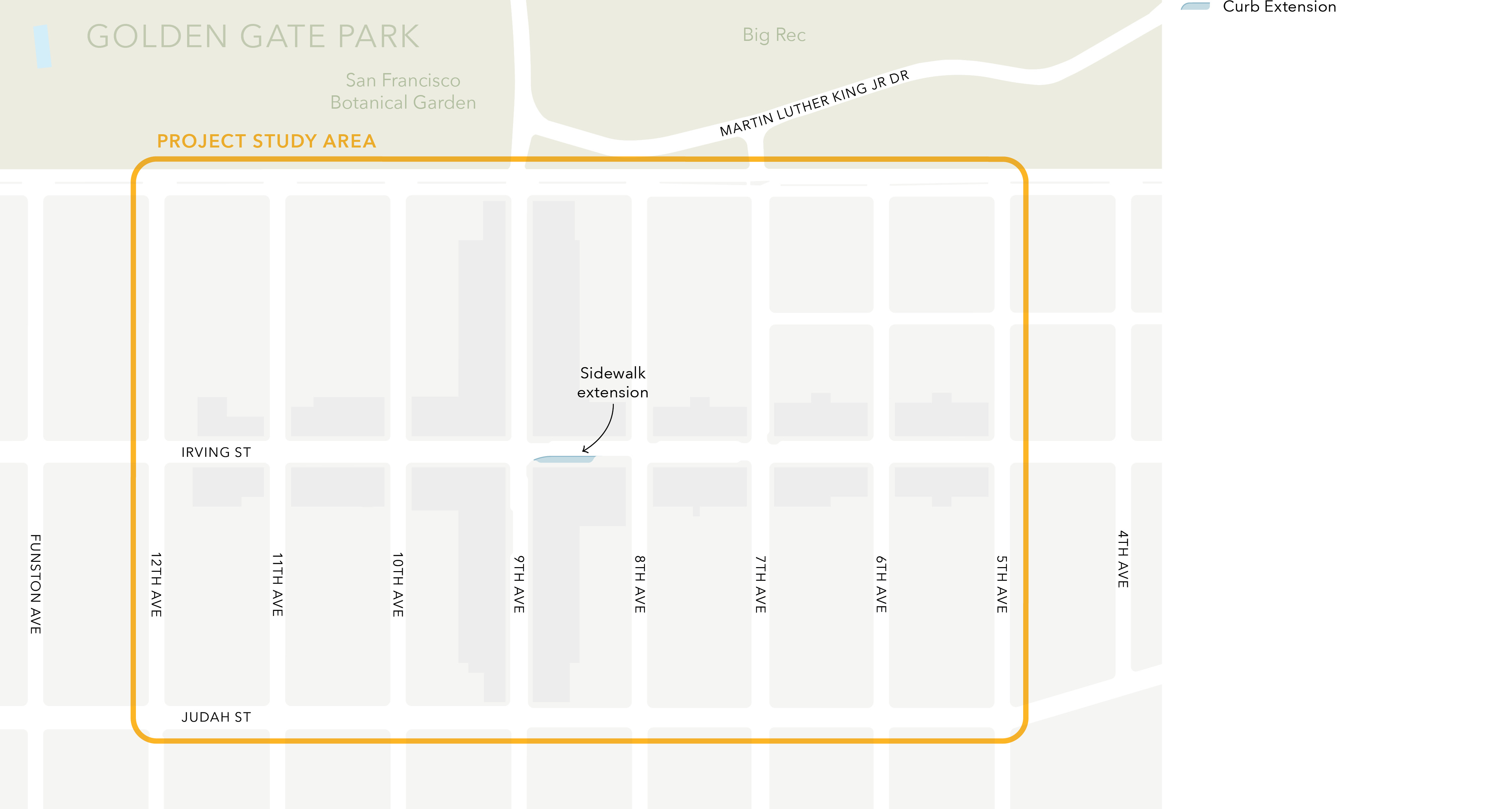 A figure showing the area of a proposed sidewalk extension, on the south side of Irving Street, eastward from the intersection of 9th and Irving to approximately mid-block between 9th and 8th Avenues, where the extension conforms to the existing sidewalk extension.