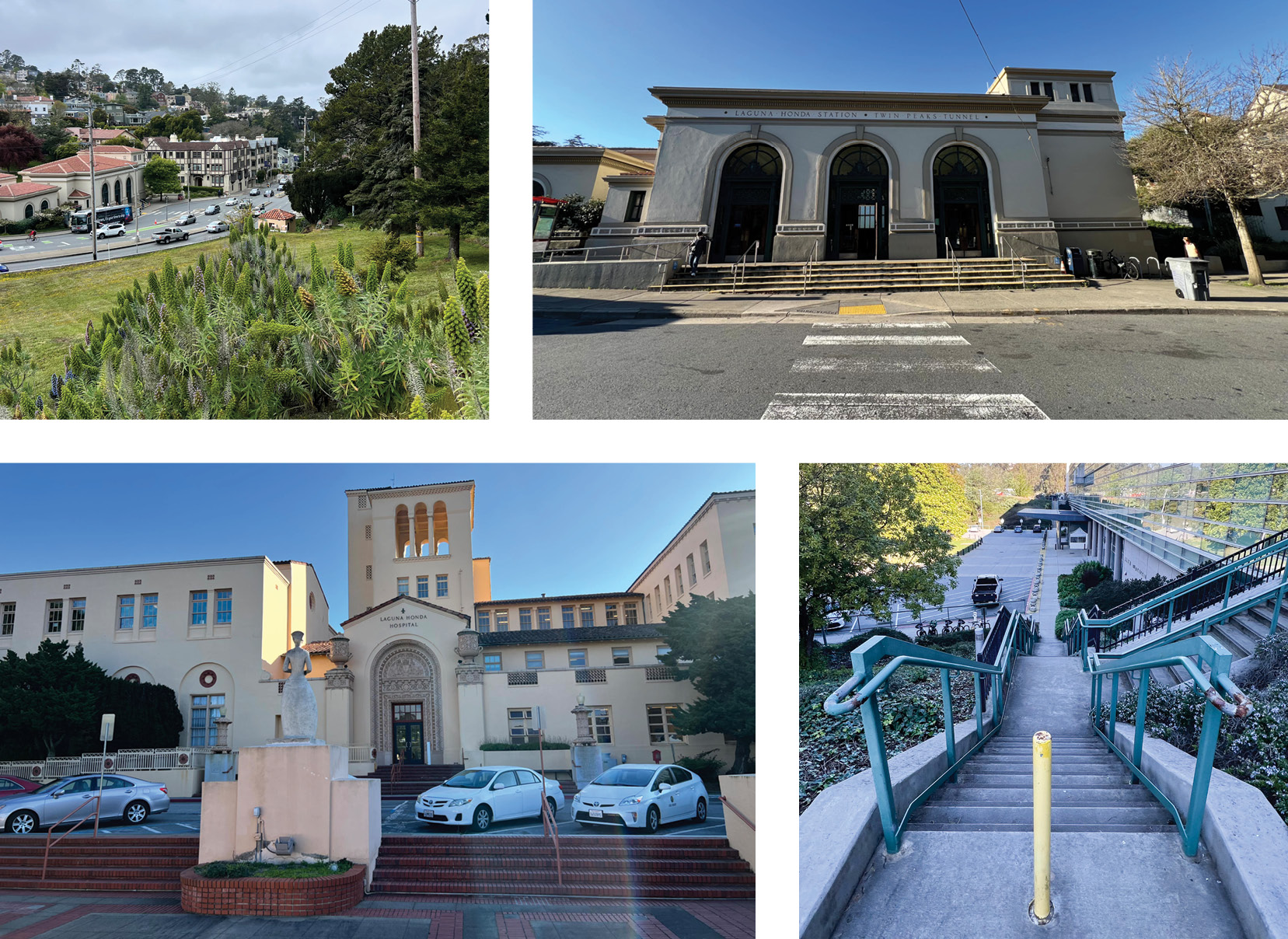 Four photographs documenting existing conditions in the study area, including hillside terrain, the Forest Hill Muni Station entrance, Laguna Honda Hospital Administrative building, and stairways between hospital buildings.