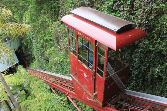 The Hillavator Funicular in Capitola, California, ascending a steep hillside on a fixed track.