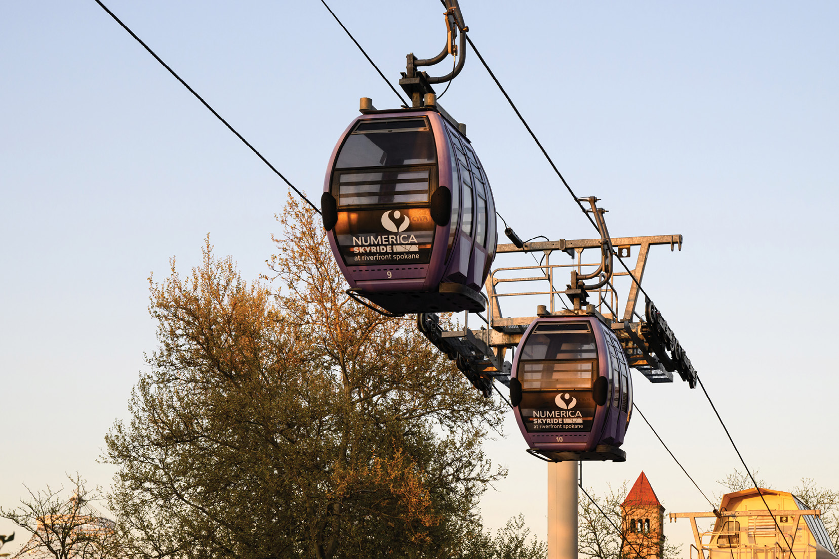 Suspended cabins of the Numerica SkyRide aerial cable car system in Spokane, Washington.