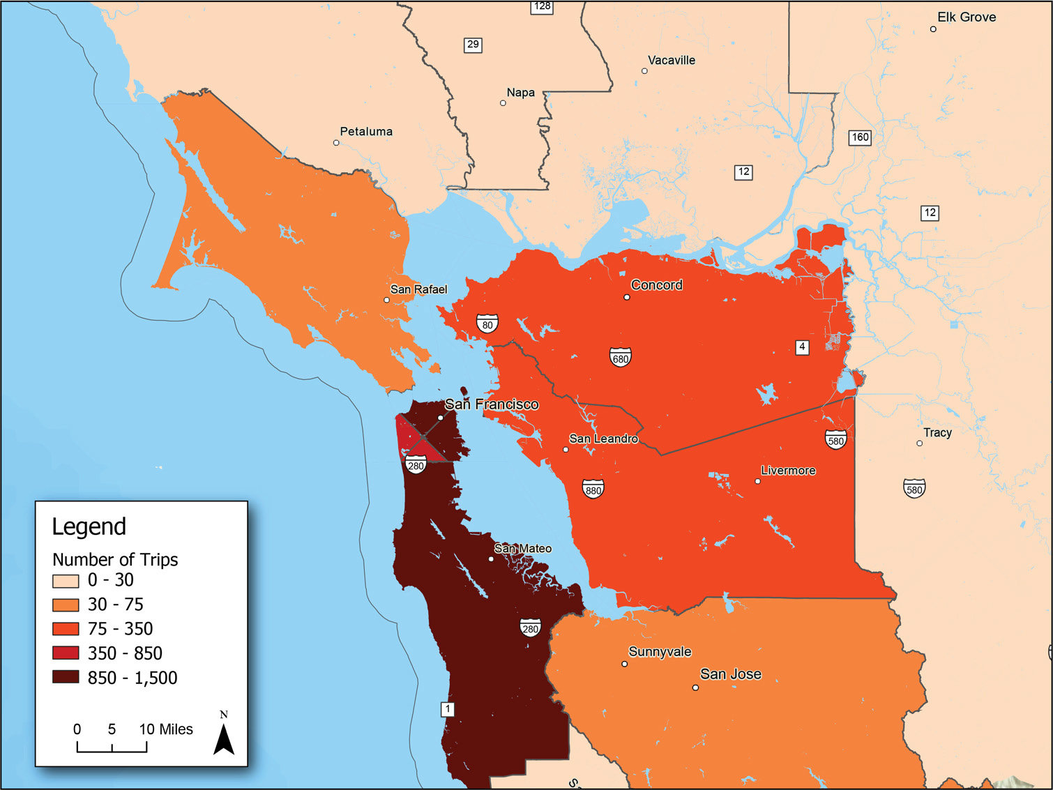 Map of the Bay Area showing number of trips. Areas with fewer trips are colored light red, while areas with more trips are colored dark red.