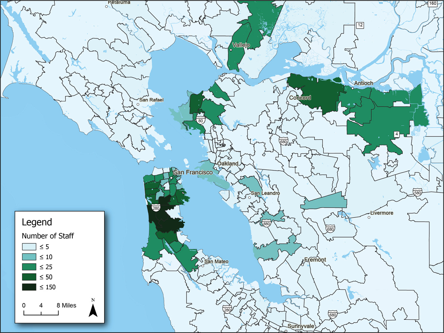 Map of the Bay Area showing number of trips. Areas where fewer staff members live are colored light green, while areas where more staff members live are colored dark green.