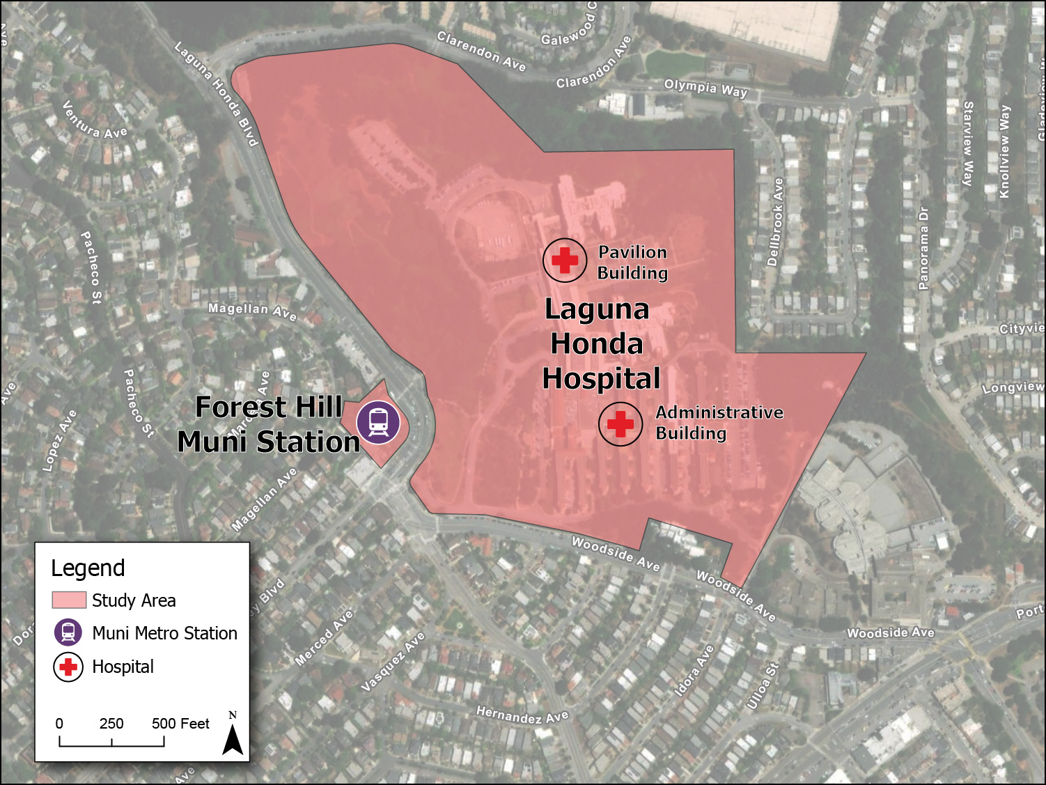 Aerial map showing the study area for the Laguna Honda Gondola Feasibility Study. The map highlights Laguna Honda Hospital, including the Pavilion and Administrative buildings and the surrounding hospital property, and the Forest Hill Muni Station.