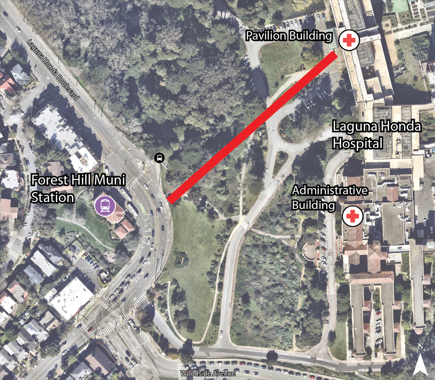 Map illustrating conceptual gondola alignment alternative 2C. The alignment begins across Laguna Honda Boulevard from Forest Hill Muni Station and connects directly to the Laguna Honda Hospital Pavilion Building.