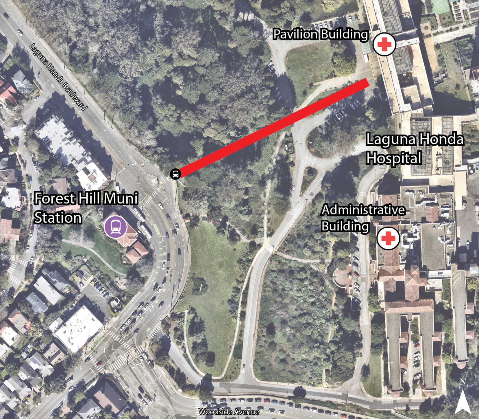 Map illustrating conceptual gondola alignment alternative 2D. The alignment begins near the existing bus stop across Laguna Honda Boulevard from Forest Hill Muni Station and connects directly to the Laguna Honda Hospital Pavilion Building.