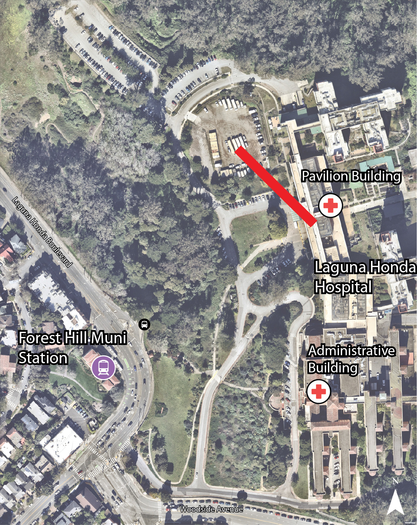Map illustrating potential future extension of the gondola system from the Pavilion Building to the Campus Replacement Lot Project site.