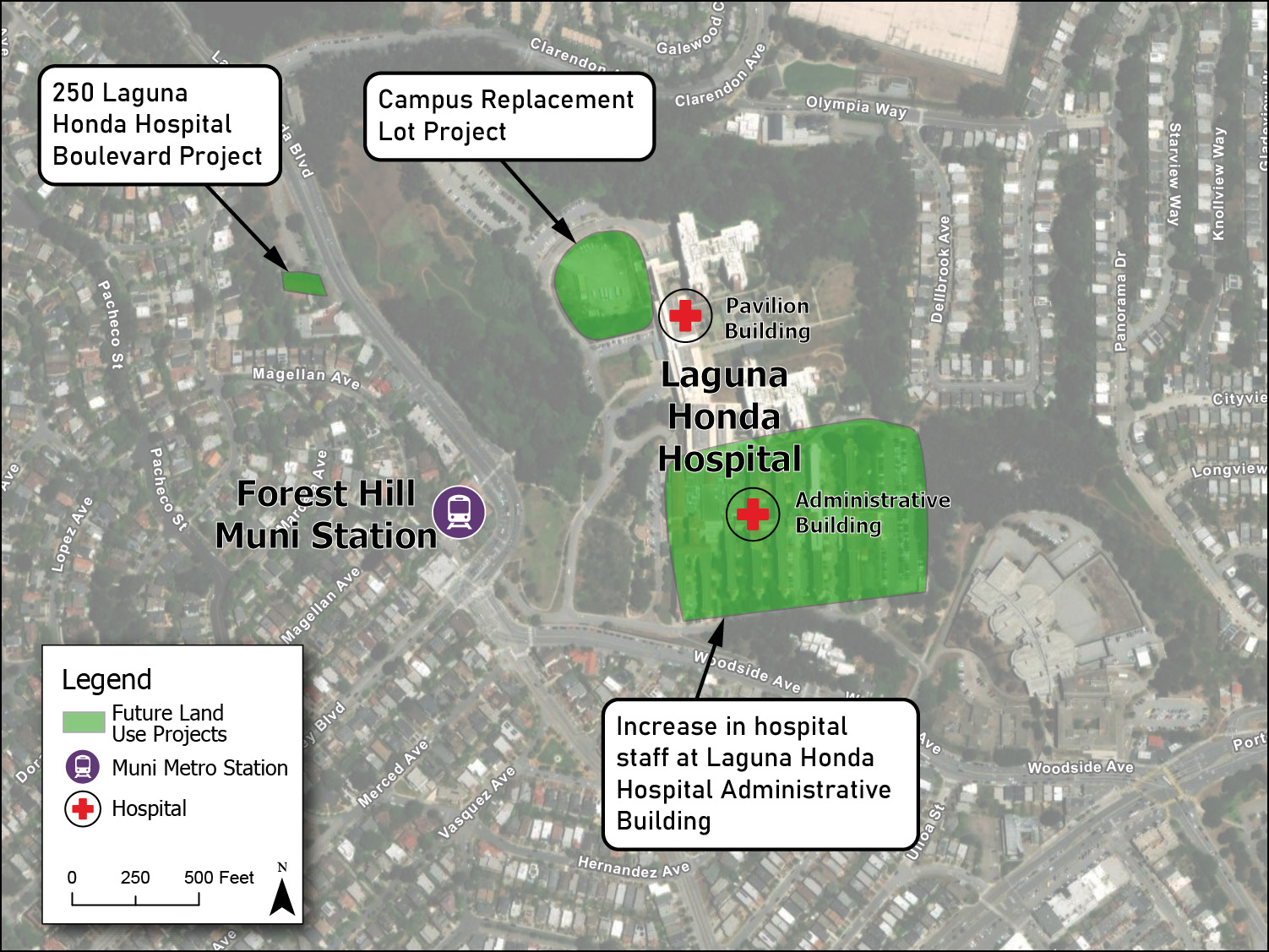 Aerial map showing planned future development within the study area, including the Campus Replacement Lot Project, the 250 Laguna Honda Hospital Boulevard Project, and areas with anticipated increases in hospital staff.