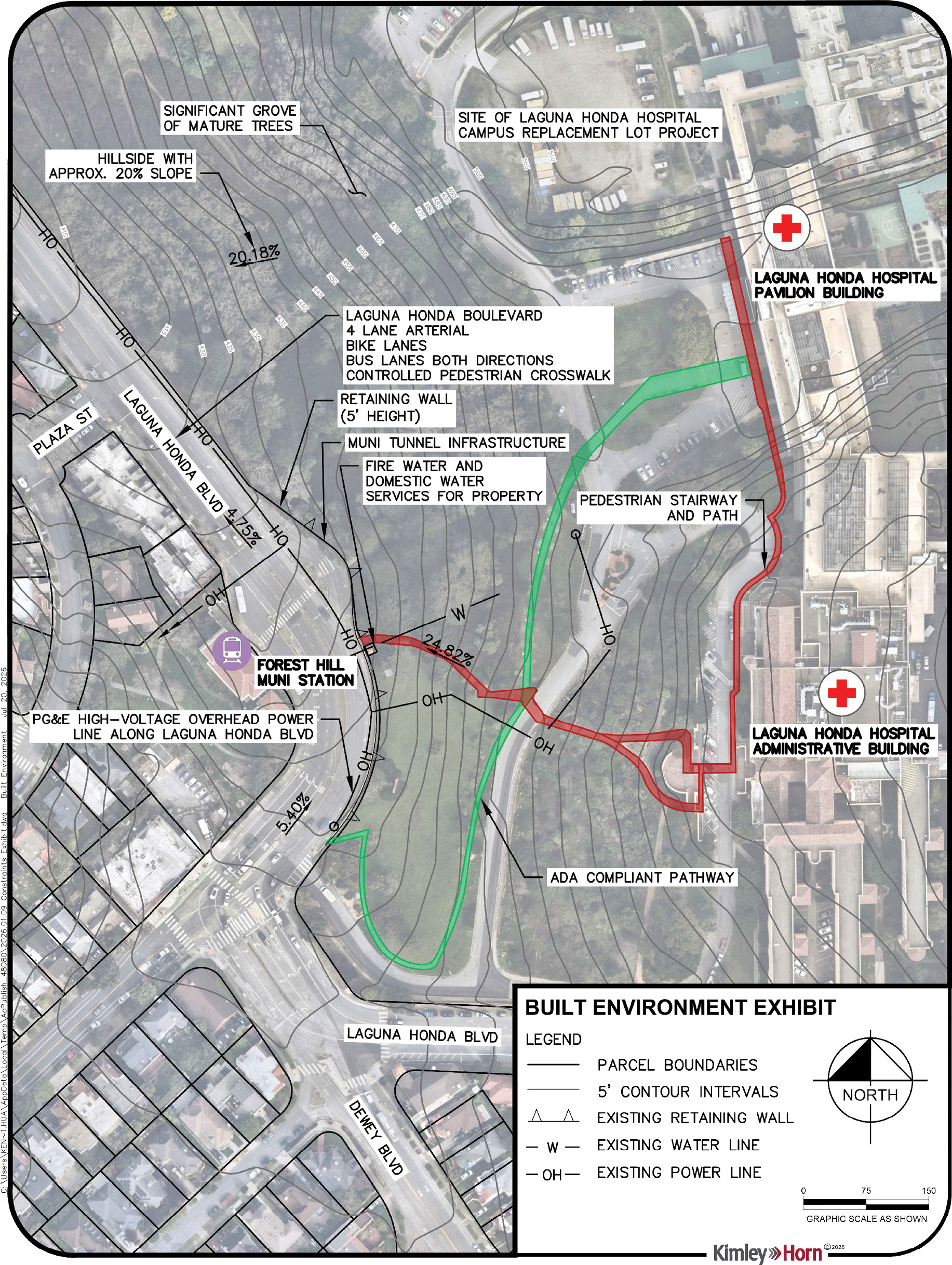 Existing conditions map showing Forest Hill Muni Station, Laguna Honda Hospital buildings, roadways, utilities, topography, mature trees, and pedestrian circulation routes. The map identifies both the ADA compliant pathway and a shorter route that includes stairs.