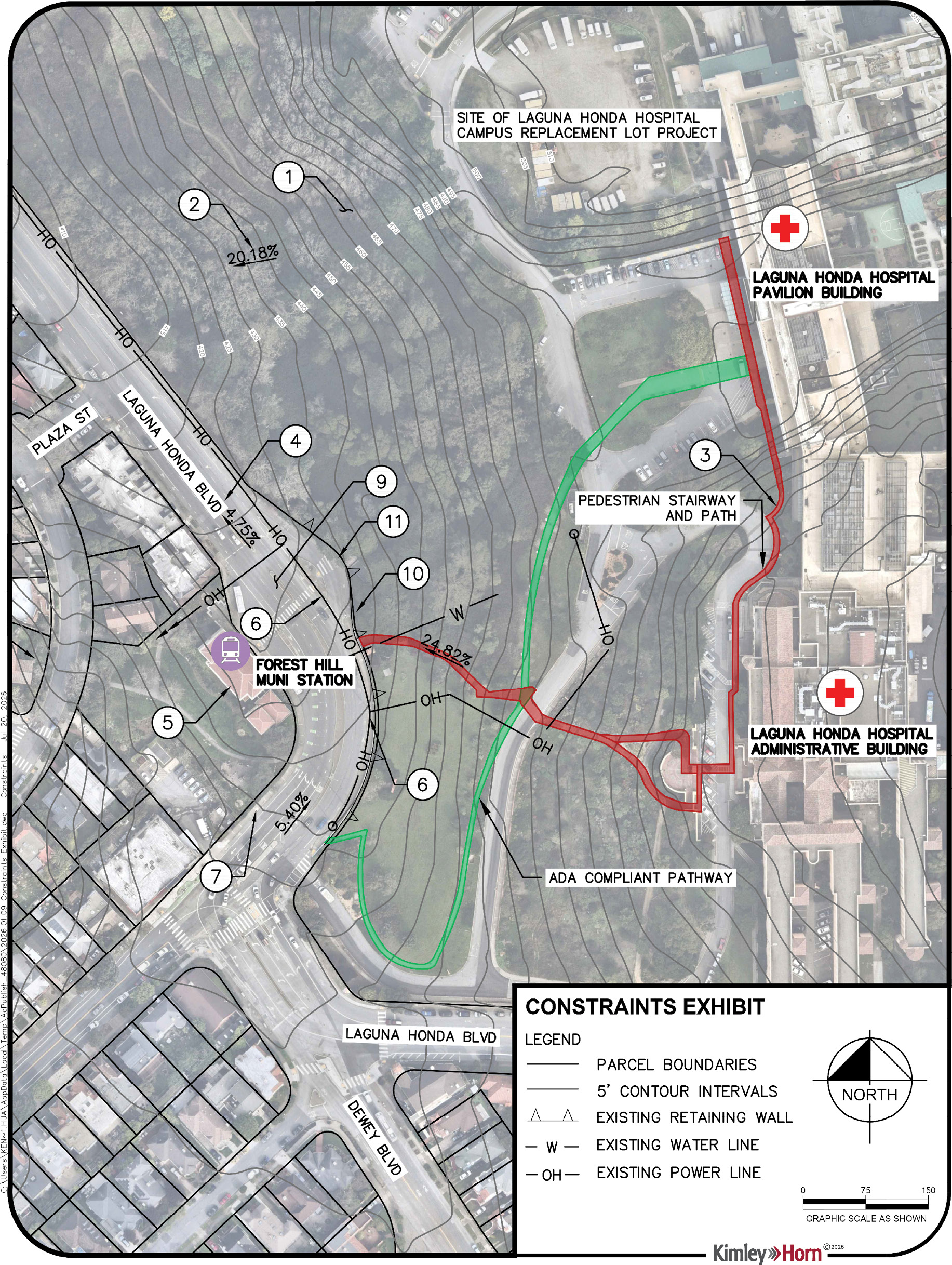 Map identifying key opportunities and constraints affecting potential gondola alignments. Numbered locations highlight topography, mature trees, utilities, roadway crossings, historic resources, and pedestrian access considerations.