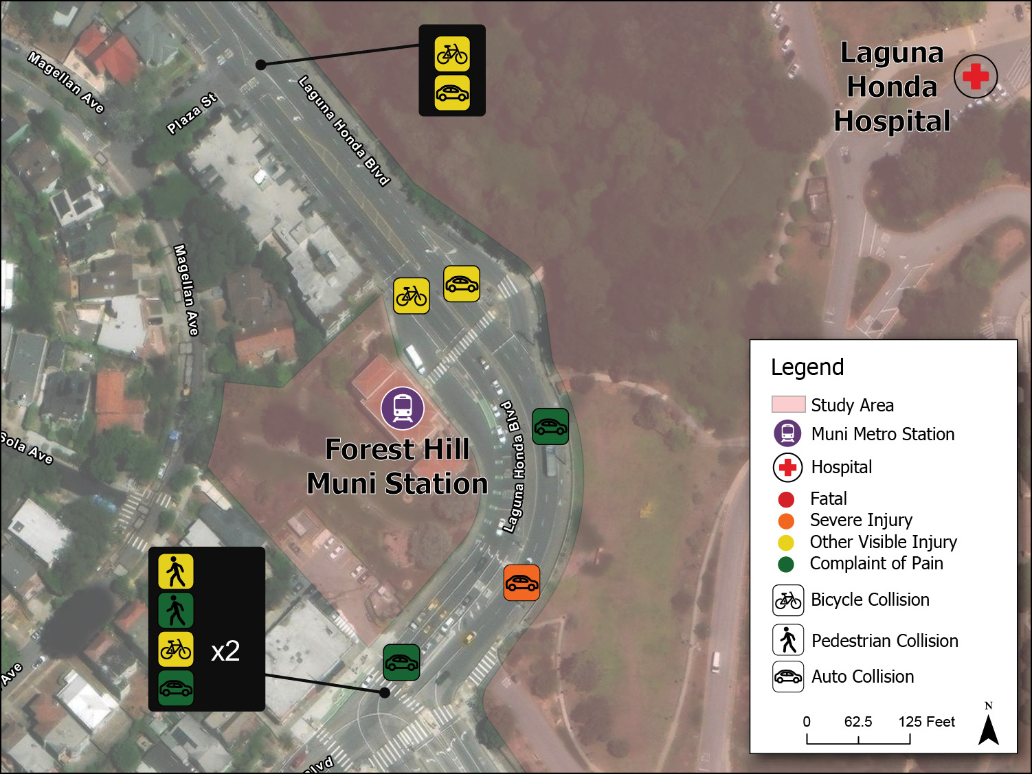 Map of reported collisions along Laguna Honda Boulevard from 2015 to 2024. Symbols identify collision locations by severity and travel mode, including pedestrian, bicycle, and vehicle collisions.