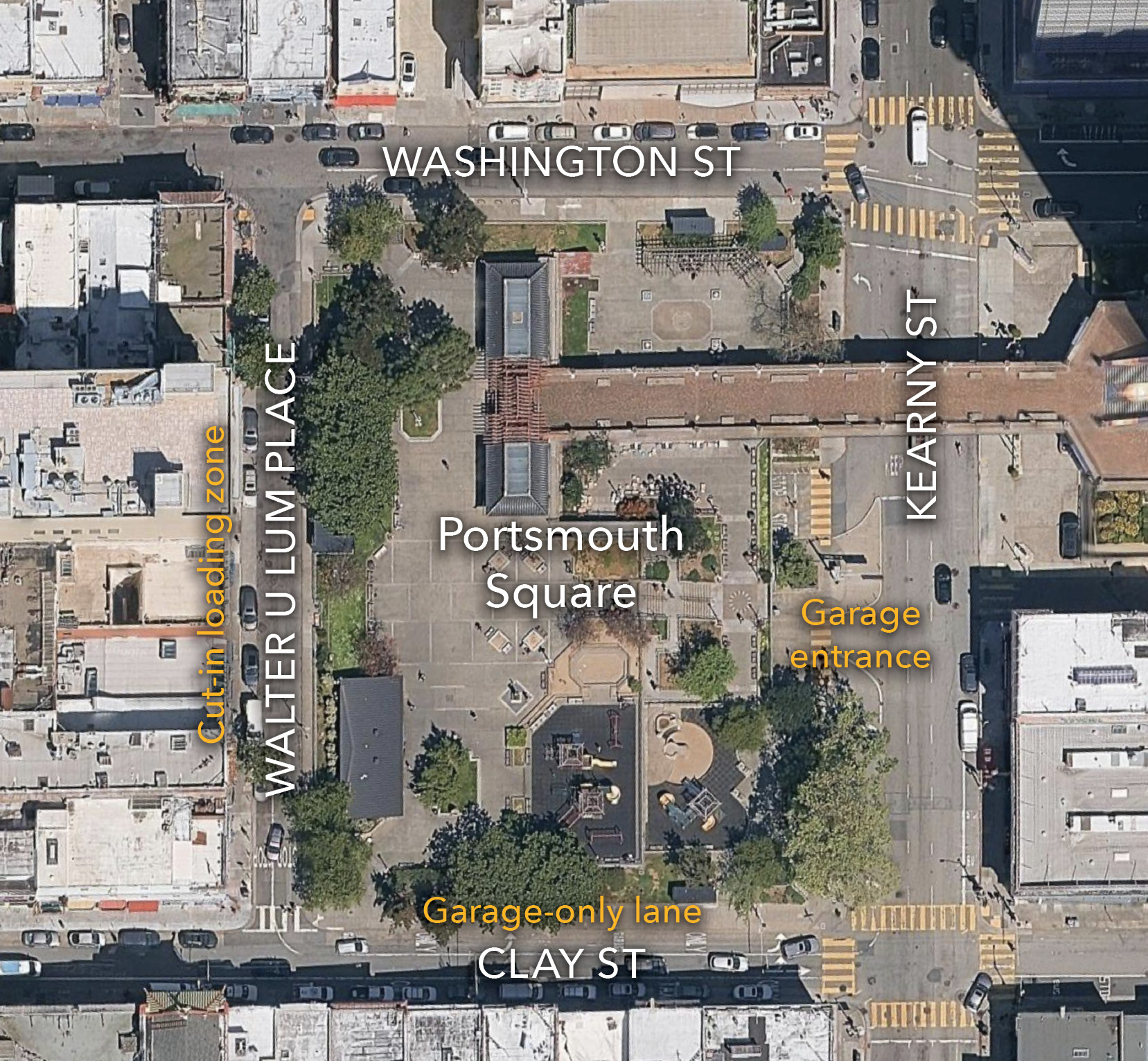 Aerial, satellite photo of Portsmouth Square. There are labels for Washington Street, north of the park, Kearny Street to the east, Clay Street to the south, and Walter U Lum Place to the west. On the left side of Walter U Lum Place, there is a cut-in loading zone occupied by six vehicles. At the intersection of Walter U Lum Place and Clay Street, on the southwest corner of Portsmouth Square, there are two left turn lanes turning onto Clay Street. The lane closest to the park on Clay Street is labeled “Garage only lane”. The entrance to Portsmouth Square Garage is labeled at about the halfway point on Kearny Street.