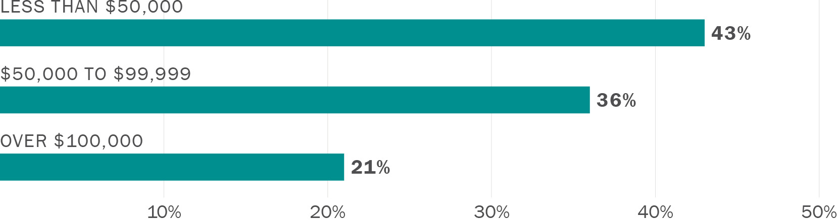 A graph showing the annual household income of survey respondents. 43% of respondents earn less than $50,000 per year, 36% earn between $50,000 and $99,999, and 21% earn over $100,000.