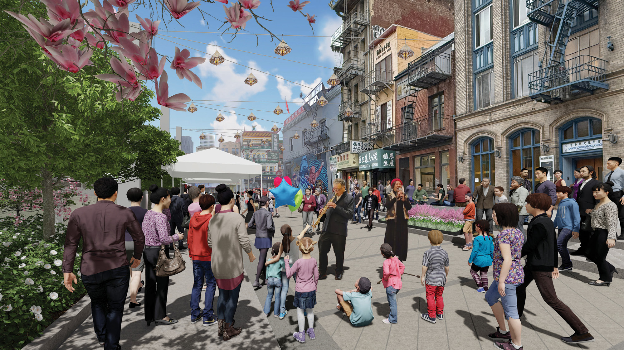 A photorealistic model rendering of the Walter U Lum Place recommended concept design. The view is mid-block on the alleyway and looks towards the Clay Street corner, from the perspective of someone standing on the sidewalk in front of the park. The street is paved with dark and light grey pavers arranged in a chevron pattern. The street is closed to traffic and there are groups of people in the street and on the sidewalk. There are two older people playing instruments in the street and a crowd of children watching them. In the background, there are white tents set up.