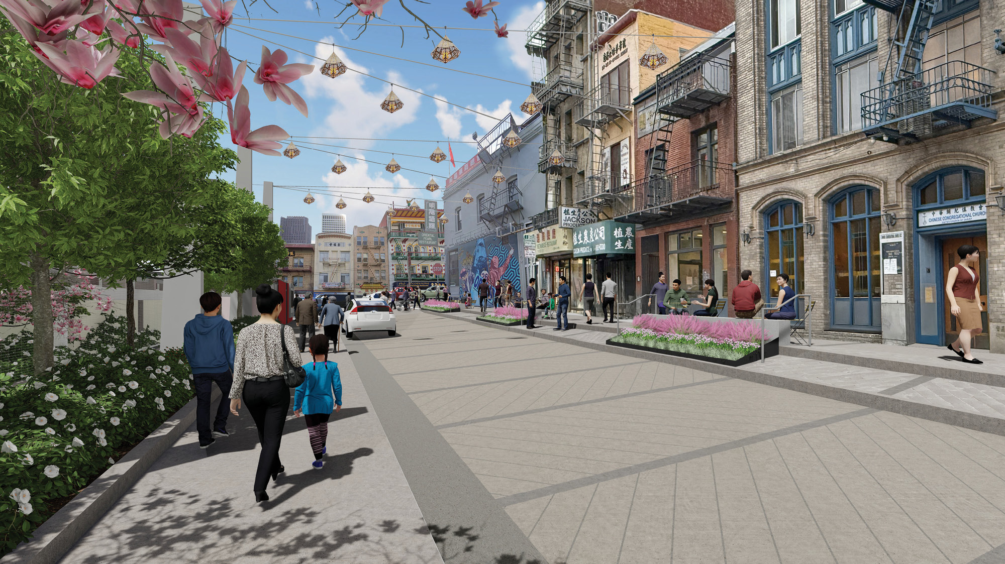 A photorealistic model rendering of the Walter U Lum Place recommended concept design. The view is mid-block on the alleyway and looks towards the Clay Street corner, from the perspective of someone standing on the sidewalk in front of the park. The street is paved with dark and light grey pavers arranged in a chevron pattern. A group of people are walking on the sidewalk in front of the park. On the sidewalk in front of the businesses, there is a planter with pink and green vegetation and two steps from the street to sidewalk level. People are sitting at tables and near the planters in front of the businesses. There is a white sedan on the roadway in the background. There are lanterns strung across the alleyway.