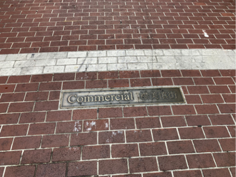A close up of red brick paving with a strip of white brick in the background and a brass plaque in the center.