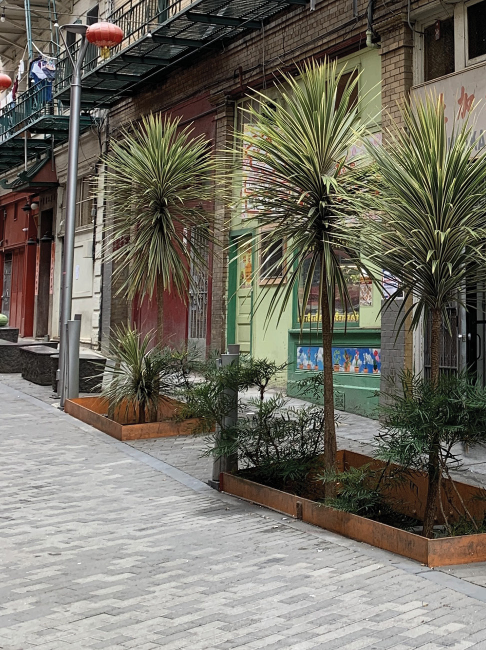 An image of Spofford Street in San Francisco Chinatown. The street is paved with light and dark grey rectangular stone pavers and there is no grade separation between the sidewalk and the street. There are two metal planters with small trees separating the street from the sidewalk.