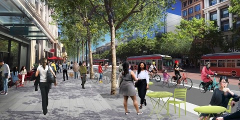 A rendering of the Better Market Street project, with people socializing on a wide sidewalk with people biking and several Muni buses traveling on the street