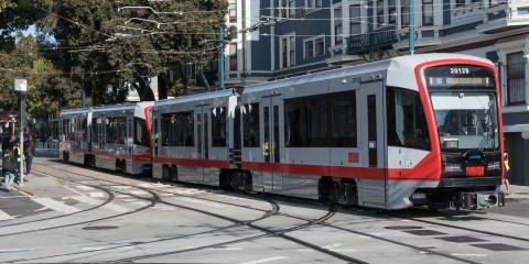 A new Muni light rail vehicle on Duboce Street