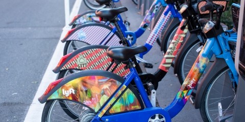 Bikes docked at a Bay Wheels bikeshare station