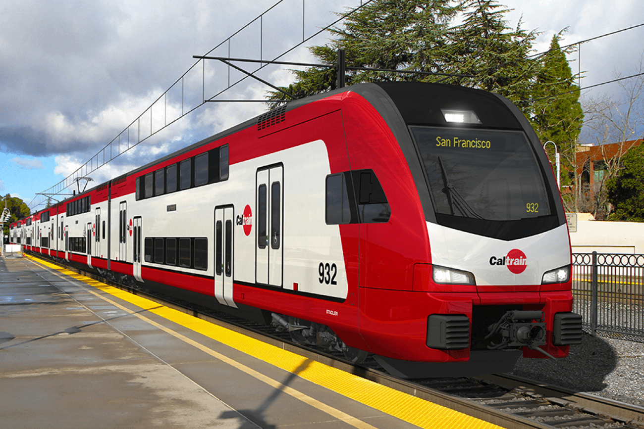 A new Caltrain vehicle headed to San Francisco