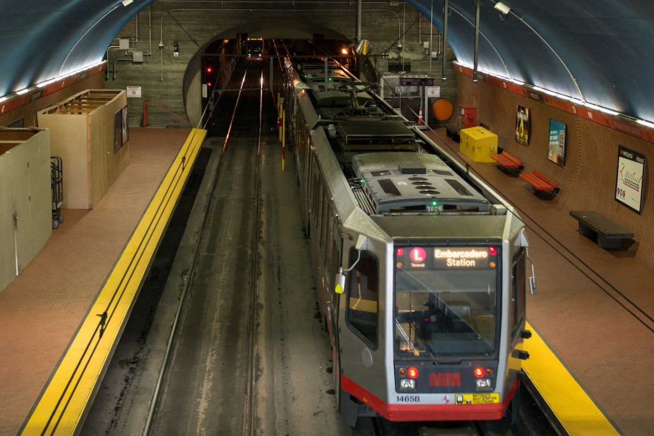 An L Taraval Muni vehicle at the West Portal station