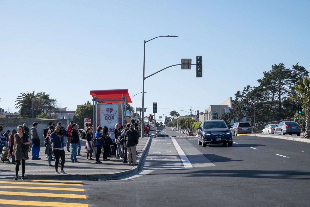 A bus stop at the Balboa Park station